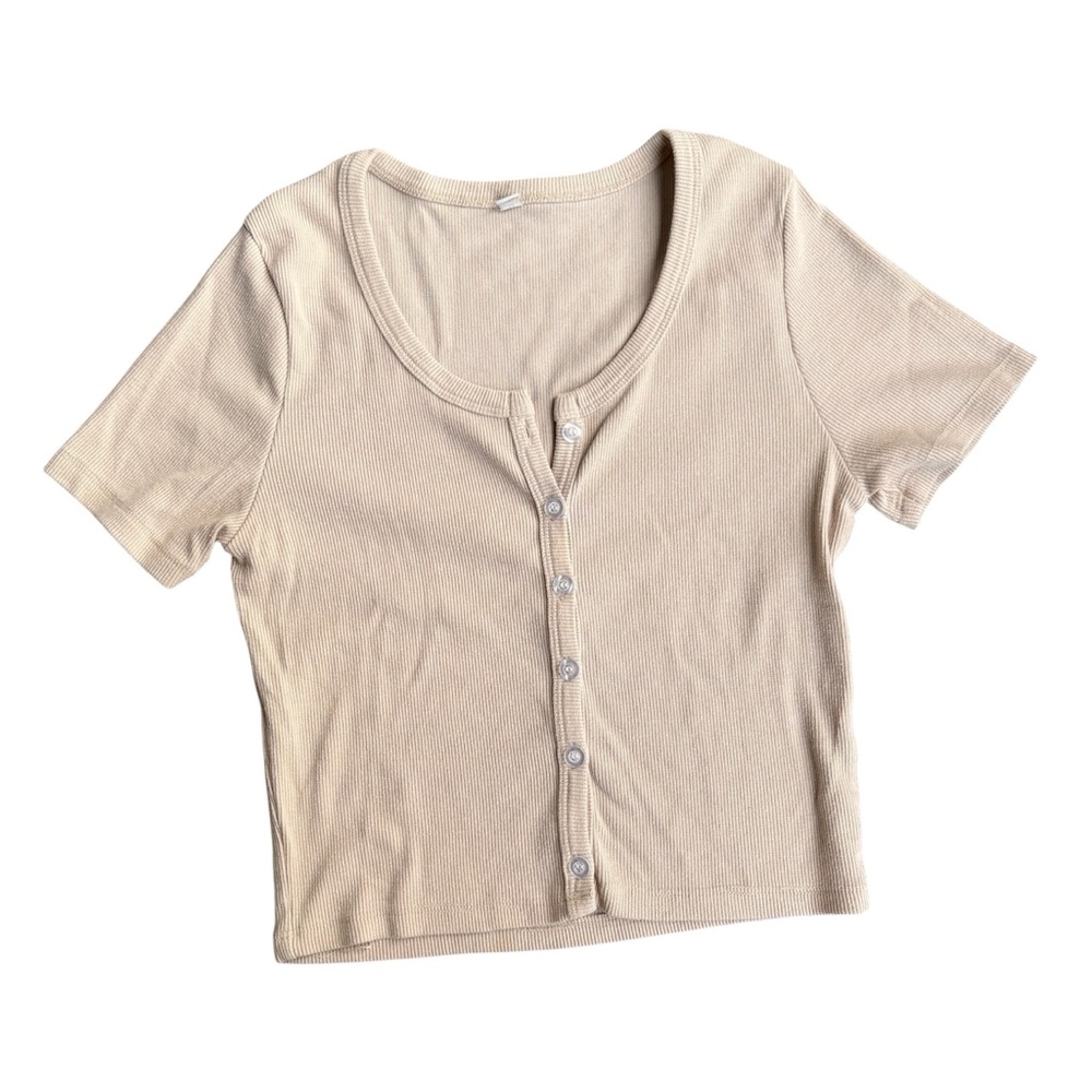 Cream Button-Up Ribbed Tee Crop Top
